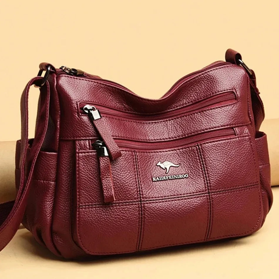 Women's Soft Leather Handbag – 3-Compartment Shoulder & Crossbody Tote