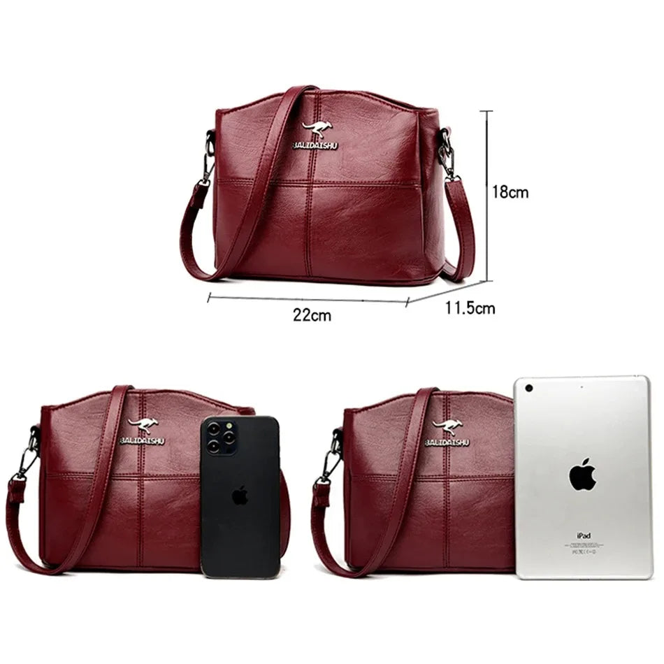 Women's Soft Leather Handbag – 3-Compartment Shoulder & Crossbody Tote