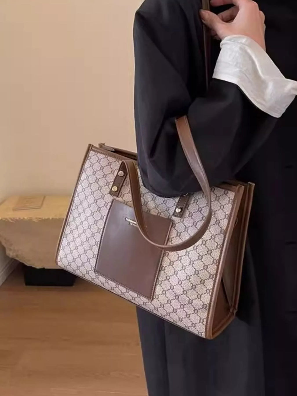 Women's Patterned PU Leather Tote Bag – Medium Khaki Shoulder Bag
