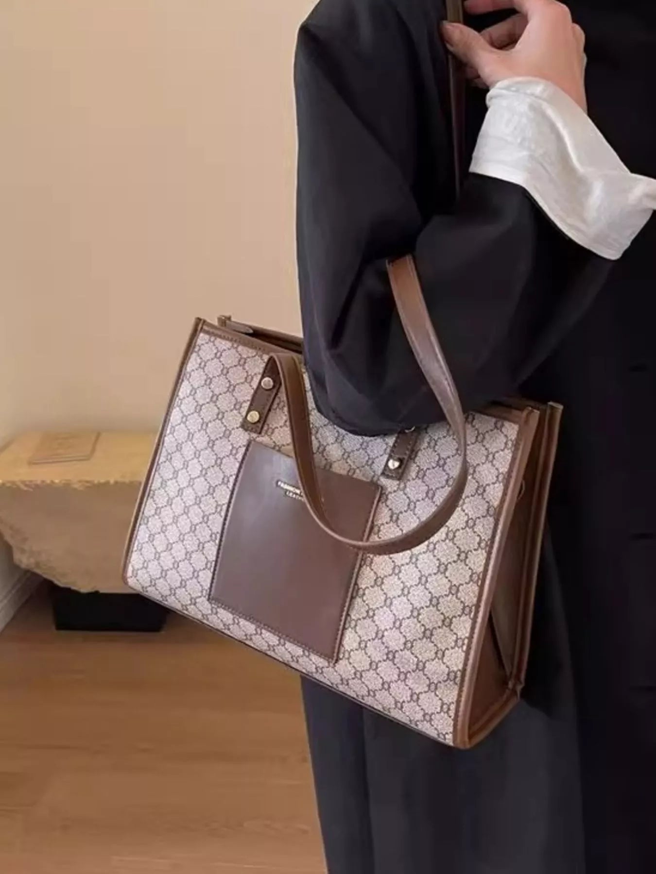 Women's Patterned PU Leather Tote Bag – Medium Khaki Shoulder Bag