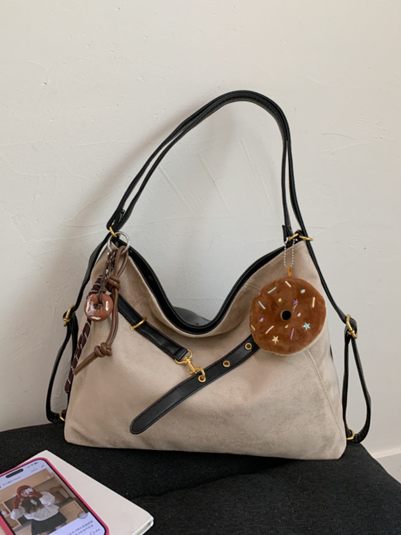 Large Adjustable Strap Handbag with Charm – PU Leather Shoulder Bag
