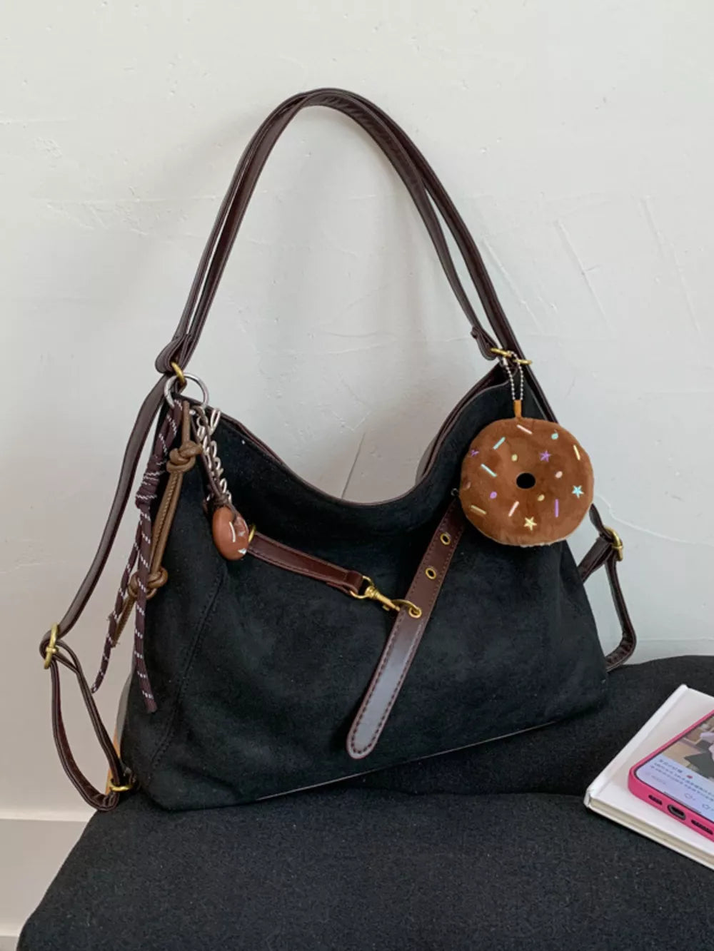 Large Adjustable Strap Handbag with Charm – PU Leather Shoulder Bag