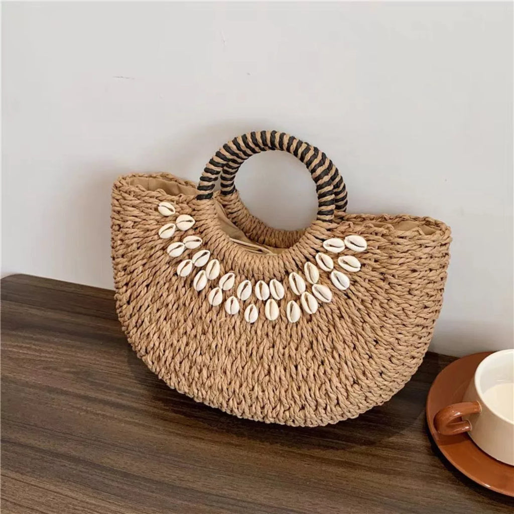 Seashell-Embellished Woven Straw Handbag | Coastal Boho Beach Bag