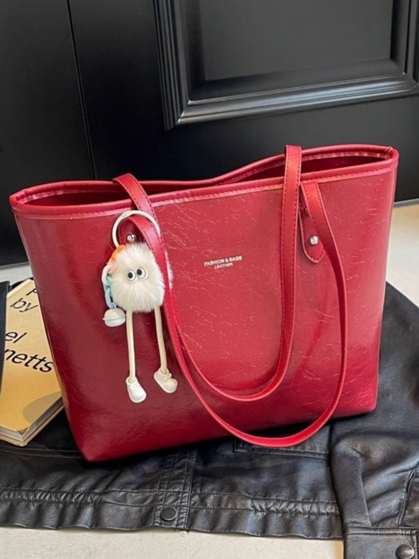 Women's Large Faux Leather Shoulder Bag – Wine Red PU Leather Everyday Tote