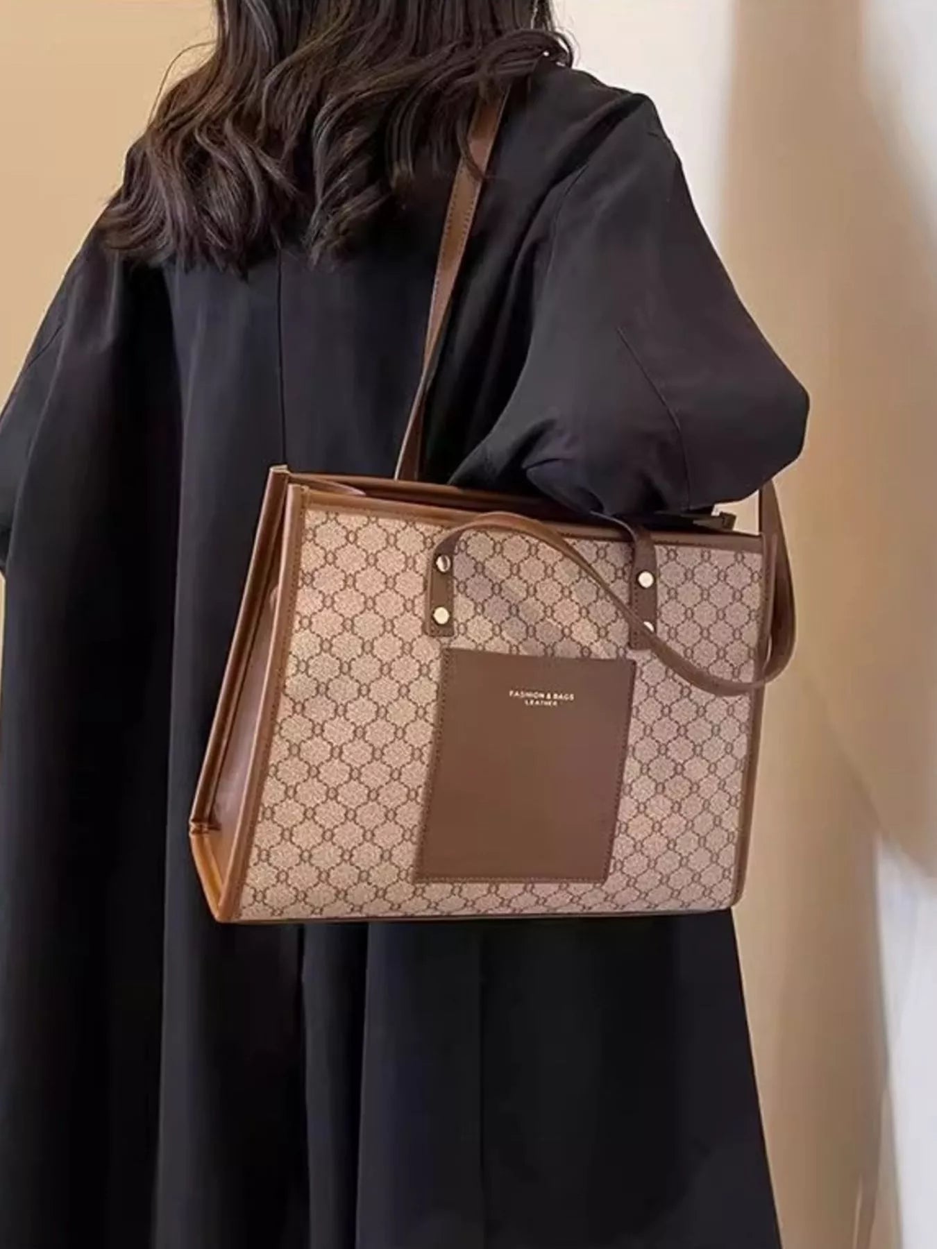 Women's Patterned PU Leather Tote Bag – Medium Khaki Shoulder Bag