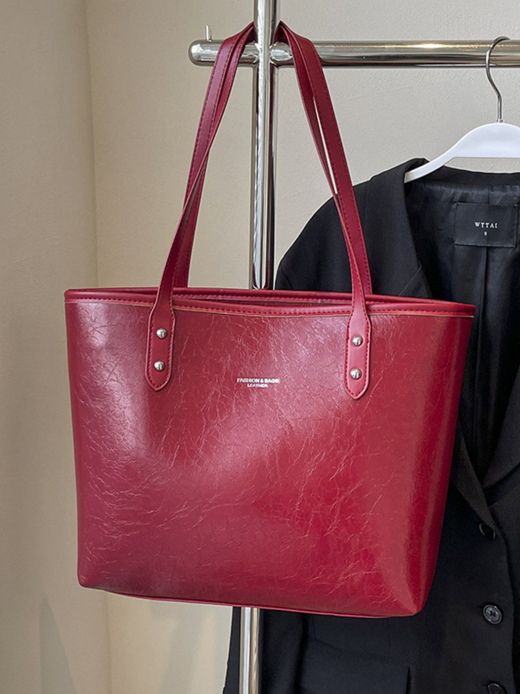 Women's Large Faux Leather Shoulder Bag – Wine Red PU Leather Everyday Tote