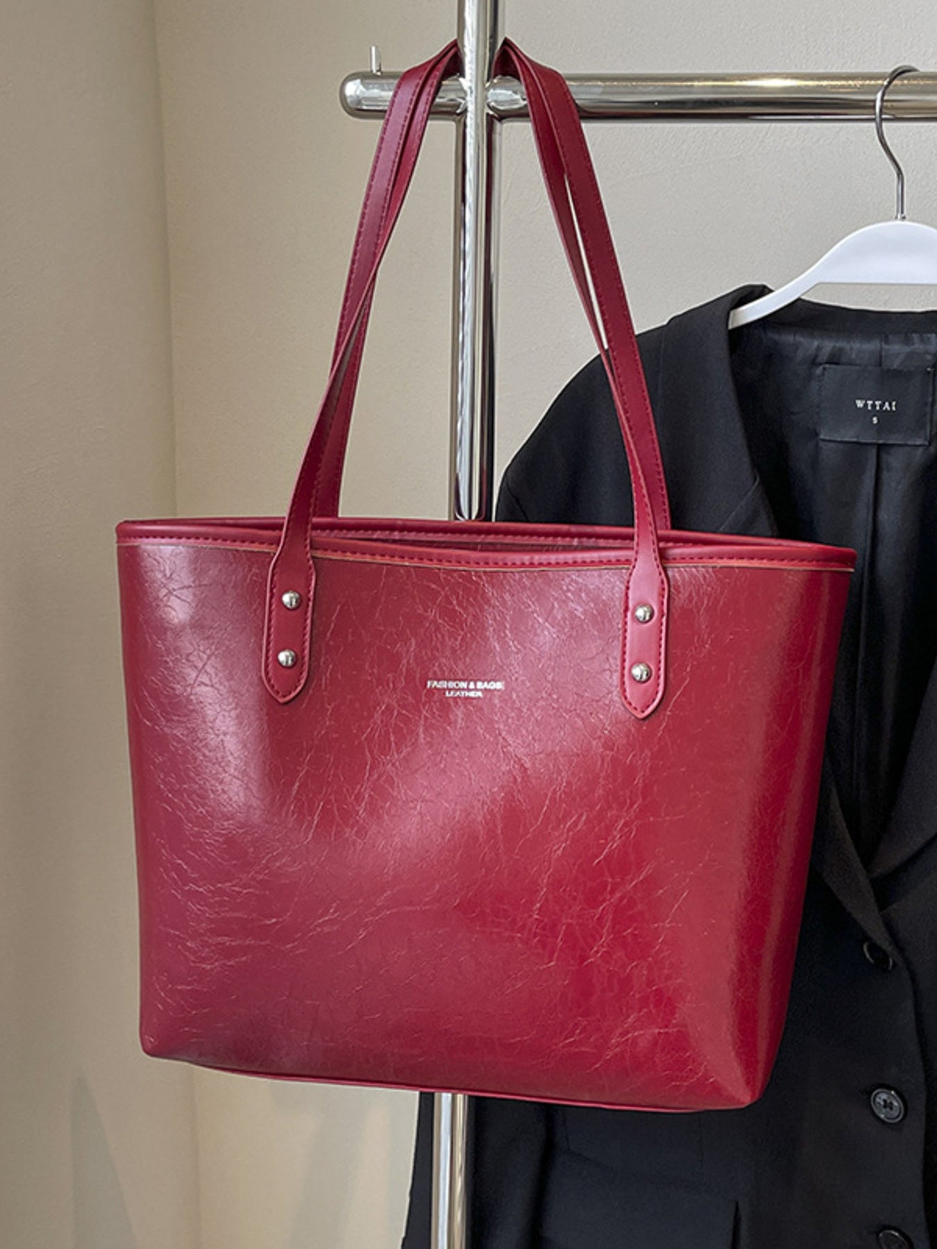 Women's Large Faux Leather Shoulder Bag – Wine Red PU Leather Everyday Tote