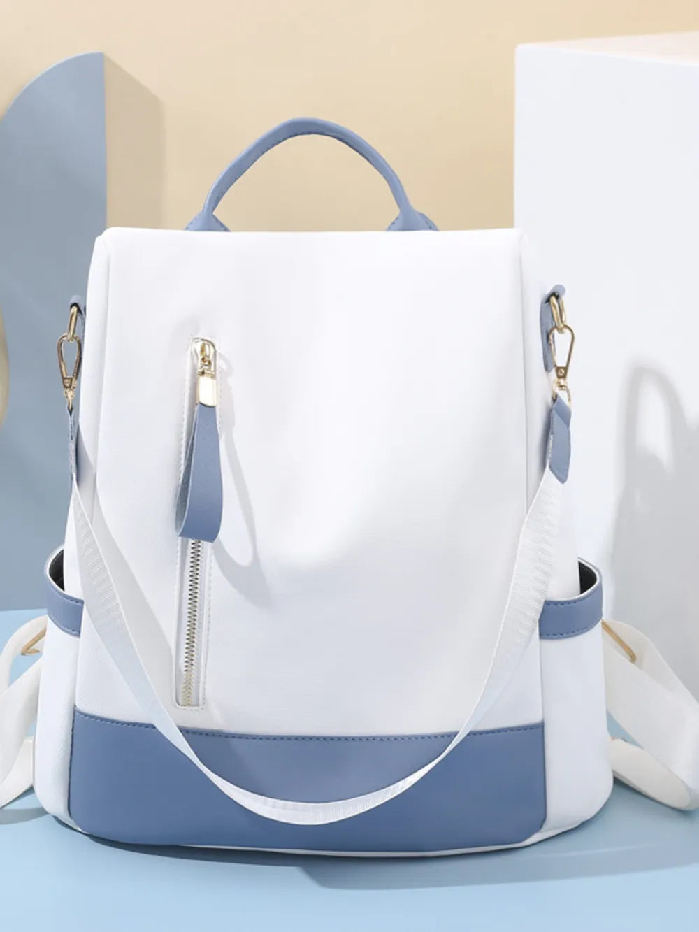Color Block Convertible Backpack Bag – PU Leather & Nylon