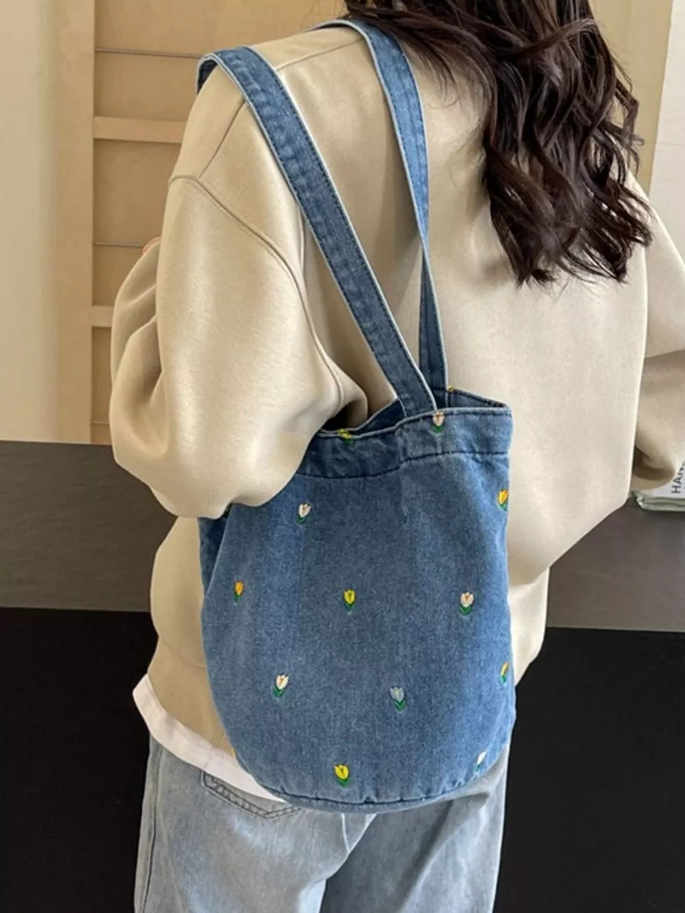 Floral Embroidered Denim Handbag – Small Boho Shoulder Bag