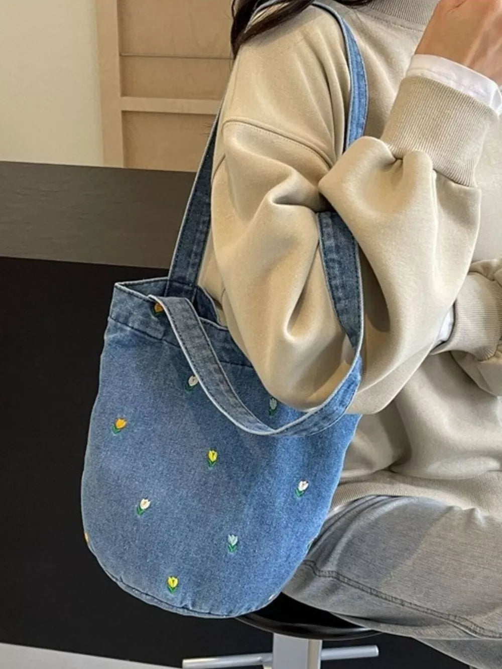 Floral Embroidered Denim Handbag – Small Boho Shoulder Bag
