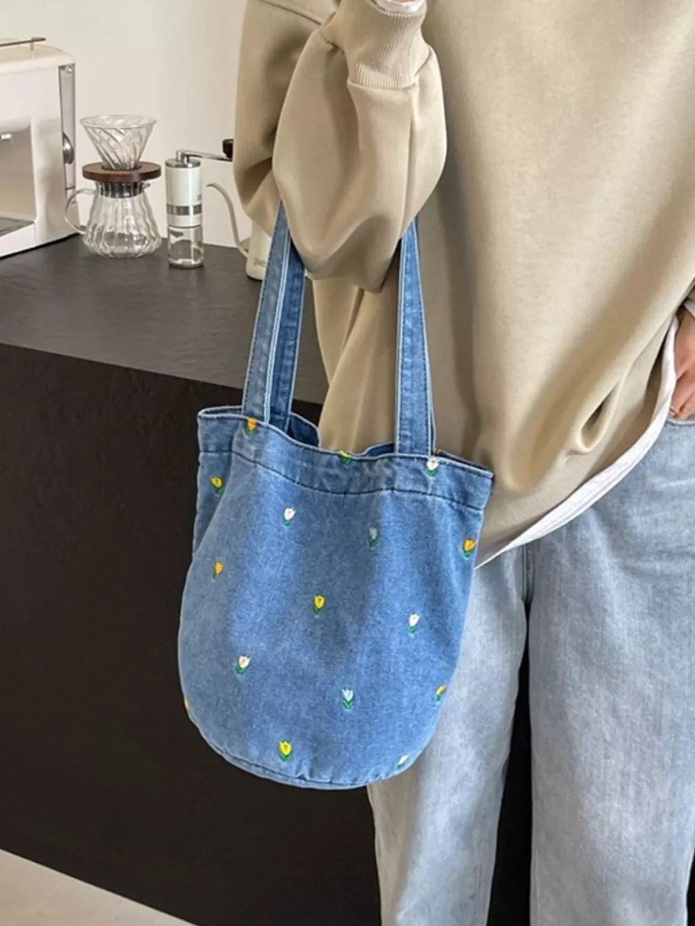 Floral Embroidered Denim Handbag – Small Boho Shoulder Bag