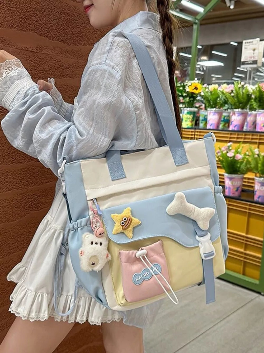 Color Block Multi-Pocket Large Tote Bag