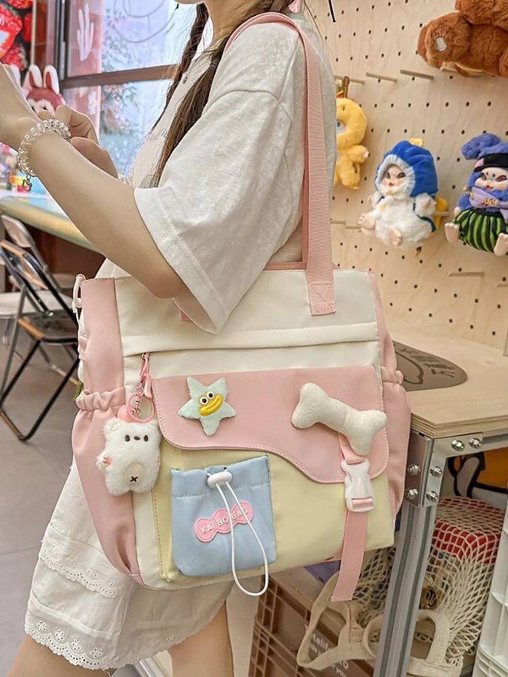 Color Block Multi-Pocket Large Tote Bag