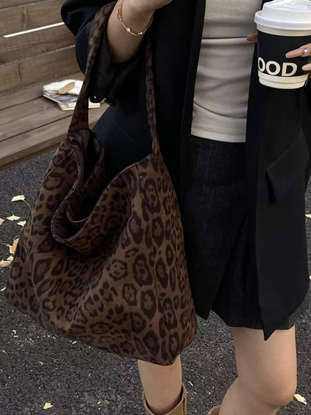 Leopard Print Suede Shoulder Bag – Large